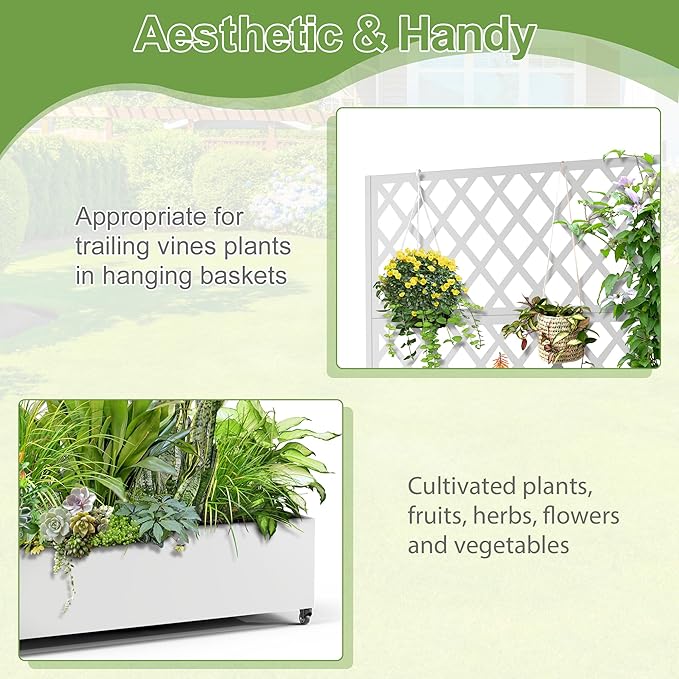 Metal Planter Trellis Box with Wheels & Drain Plug Outdoor Raised Garden Bed Patio Privacy Screen with Planter for Climbing Plants, Vegetables 73"x47"x16" White-Diamond