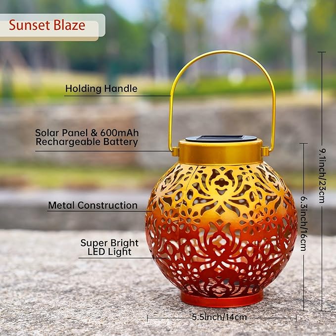 2 Pack Outdoor Solar Hanging Lantern Lights Metal LED Decorative Lamp for Garden Patio Courtyard Lawn and Table with Hollowed-Out Design (Sunset Blaze)