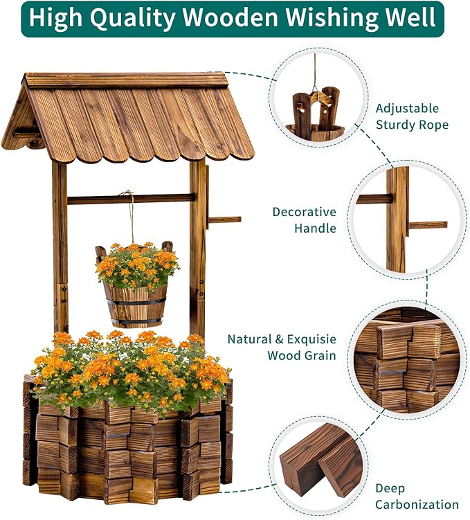 UDPATIO Rustic Solid Fir Wood Wishing Well Planter for Outdoor Plants, 16.5 in Diameter