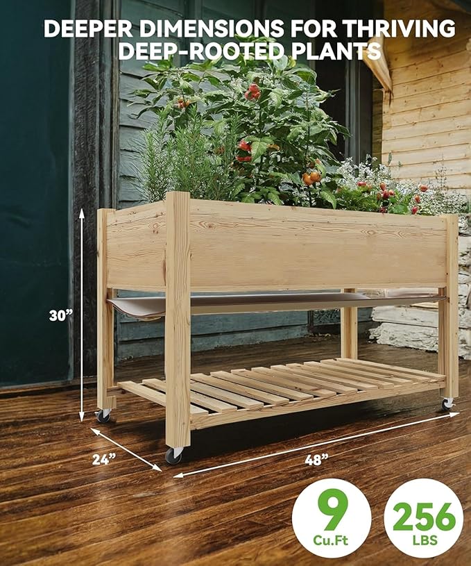 Raised Garden Bed with Legs and Wheels, Wooden Raised Planter Box with Storage Shelf, Protective Liner, Mobile Elevated Wood Planter for Backyard, Patio, Balcony Natural, 48"×24"×30"