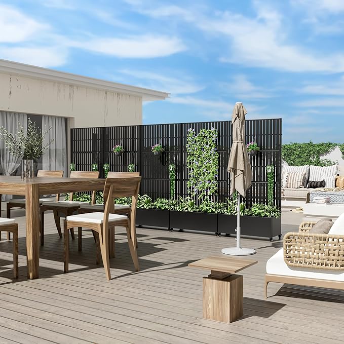 Casaphoria Metal Raised Garden Bed with Trellis and Wheels, 72"x35"x16" Planter Box for Climbing Plants, Vegetables & Vines, Features Drainage Holes and Privacy Screen (Black-Fence)