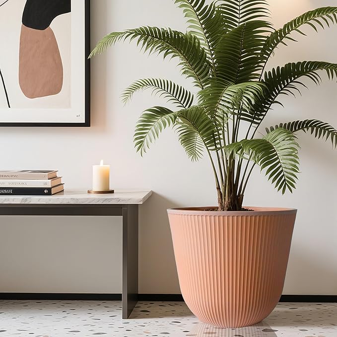 WORTH Garden Round Large Planter Pot 1-Pack, 17.5" Dia x 15.5" H - Durable Plastic Terracotta Plant Tree Pots with Vertical Stripe Textured Finish, Drainage Hole for Indoor Outdoor Front Porch Patio