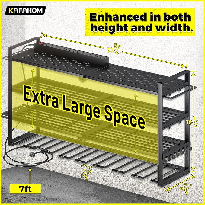 KAFAHOM Power Tool Organizer with Charging Station.Garage 8 Drill Holder Built in 8 Outlets Power Strip,Tool Storage Shelf Wall Mount,Tool Battery Organizer with Screwdriver/Hammer/Air Tool Rack