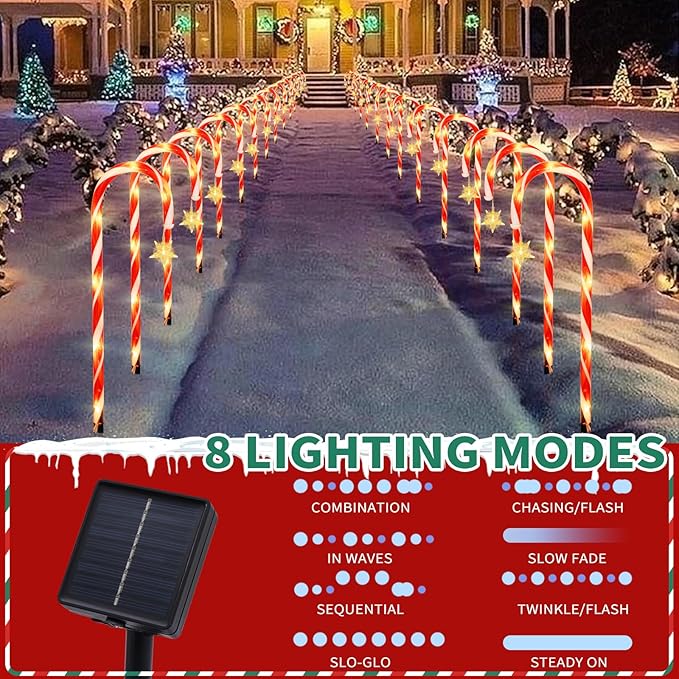 22" Candy Cane Lights Outdoor Pathway 2PK 24 PCS Candy Cane Christmas Decorations 8 Modes Solar Candy Cane Lights with Star Total 25FT Christmas Pathway Lights Outdoor for Xmas Yard Garden Walkway