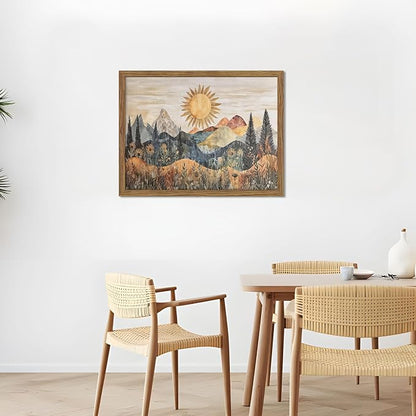 Framed Boho Sun Canvas Wall Art, Modern Abstract Mountain Landscape Painting - Image 7