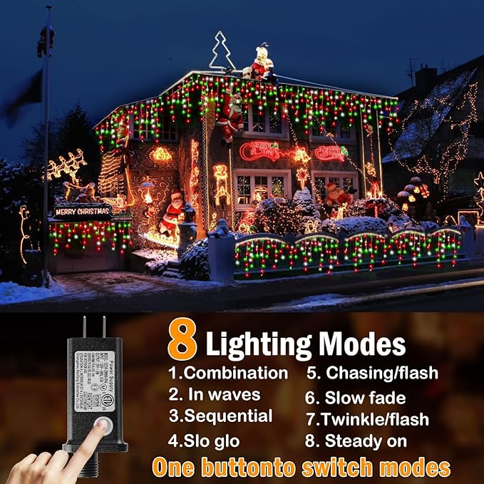 Hezbjiti Christmas Lights Outdoor Decorations,LED Christmas Lights 8 Modes 75 Drops Fairy String Curtain Lights for Christmas Decor Eaves Window Party Yard Garden (Red Green Cold, 1600LED 164FT)