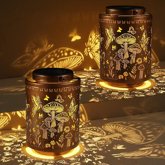 2 Pack Solar Lanterns Outdoor Waterproof Butterfly Garden Decor Gifts for Women Mon Grandma Metal Hanging Solar Lights Decoration for Outside LED Lanterns for Yard Patio Lawn(Mushroom)