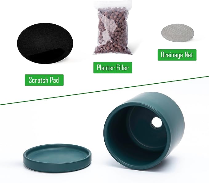 D'vine Dev Set of 4 Small Ceramic Plant Pots, 4.6 Inch Succulent Planter Pot for Plants with Drainage Hole and Saucer, Teal, 94-X-B-9