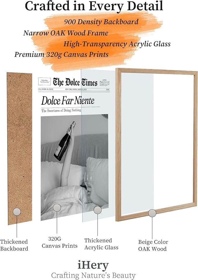 iHery Dolce Far Niente Framed Trendy NewsPaper Wall Art, Natural OAK Wood Large - Image 3