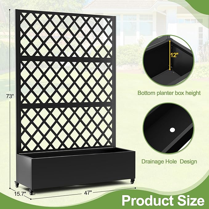 Metal Planter Trellis Box with Wheels & Drain Plug Outdoor Raised Garden Bed Patio Privacy Screen with Planter for Climbing Plants, Vegetables 73"x47"x16" Black-Diamond