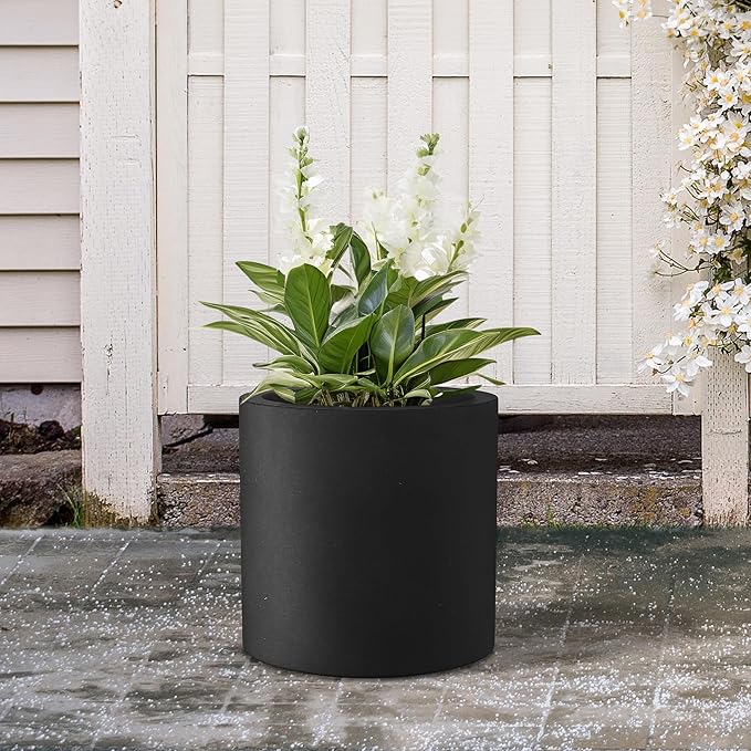 Kante 12.6" Dia Round Concrete Planter, Modern Style Large Cylindrical Plant Pot with Drainage Hole and Rubber Plug for Indoor Outdoor Patio, Black