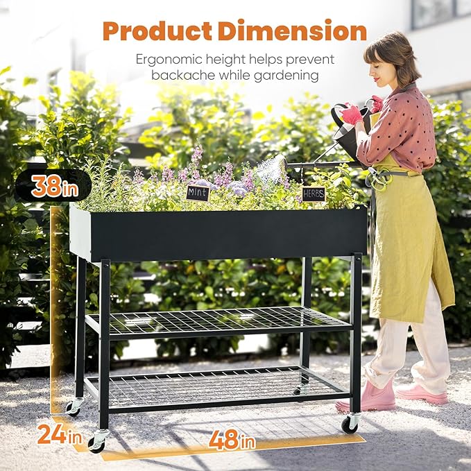 KING BIRD Raised Garden Bed with Legs & Double-Layer Storage Shelf, Galvanized Elevated Planter Box with Lockable Wheels for Backyard, Patio, Balcony, 400lb Capacity, Black, 48x24x38 in