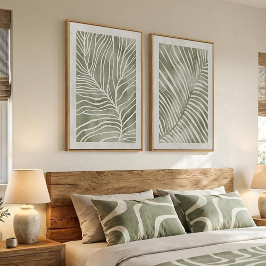Framed Green Abstract Botanical Wall Art, 2 Piece Tropical Plant Canvas - Image 2