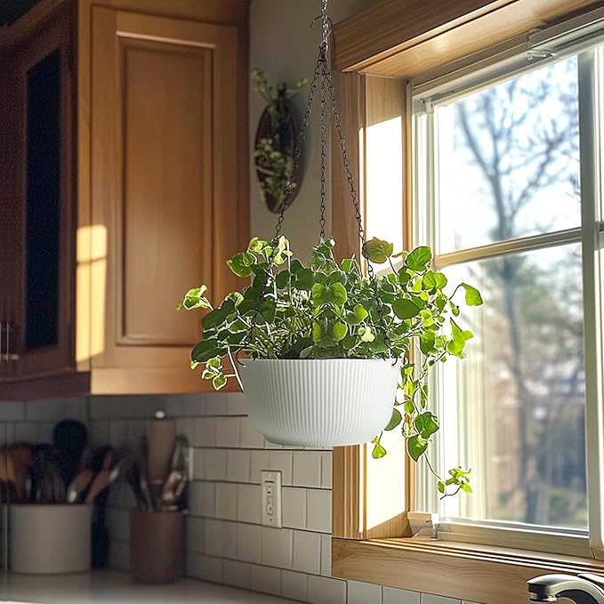 T4U Hanging Planter Self Watering 8 Inch, 2 Pack White Indoor Outdoor Hanging Plant pots, Hanging Flower Pot with Drainage Hole & Plug & Chain with 3 Hooks for Garden Home Decor