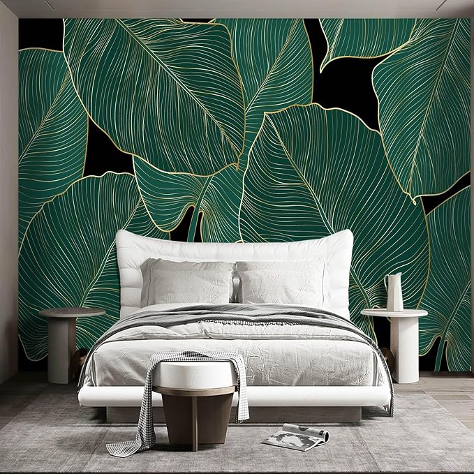 Black and Gold Leaf Mural Bedroom Tropical Green Botanical Wallpaper Room Plant - Image 2