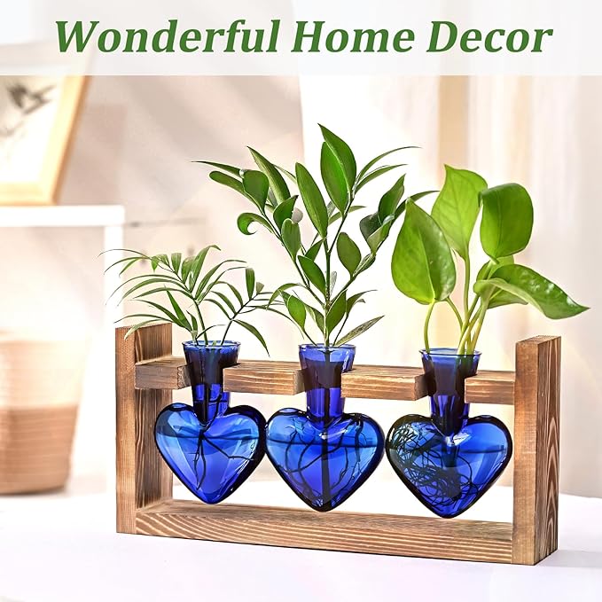 Lifecapido Heart Shaped Propagation Stations, Plant Terrarium with Wooden Stand, Plant Propagation Station for Hydroponics Plants Office Garden Home Decor, Gifts for Women Plant Lover (3 Vases, Blue)