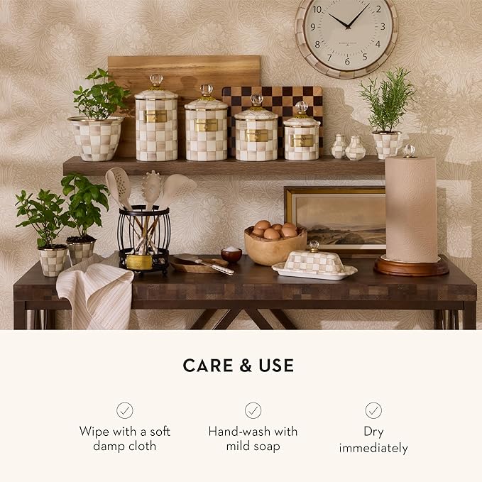 MACKENZIE-CHILDS Enamel Garden Pot, Decorative Pot for Plants, Outdoor Flowerpot Decor, Small, Brown-and-White Mocha Check