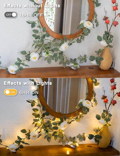 suddus Flower Garland with White Camellia Fairy Lights Indoor, 60 LED Vines - Image 5