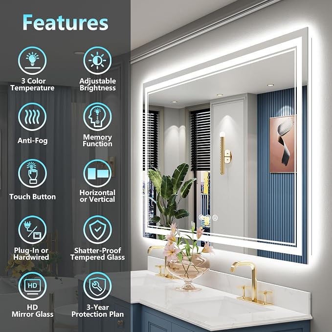 60x36 LED Bathroom Mirror with Lights, Backlit and Front Lit Anti-Fog Lighted - Image 2