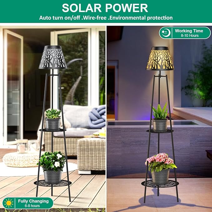 2 Pack Metal Solar Floor Lights Outdoor with Plant Stands, 45.5'' Solar Powered Street Lights, for Garden Yard Pathway Driveway Porch