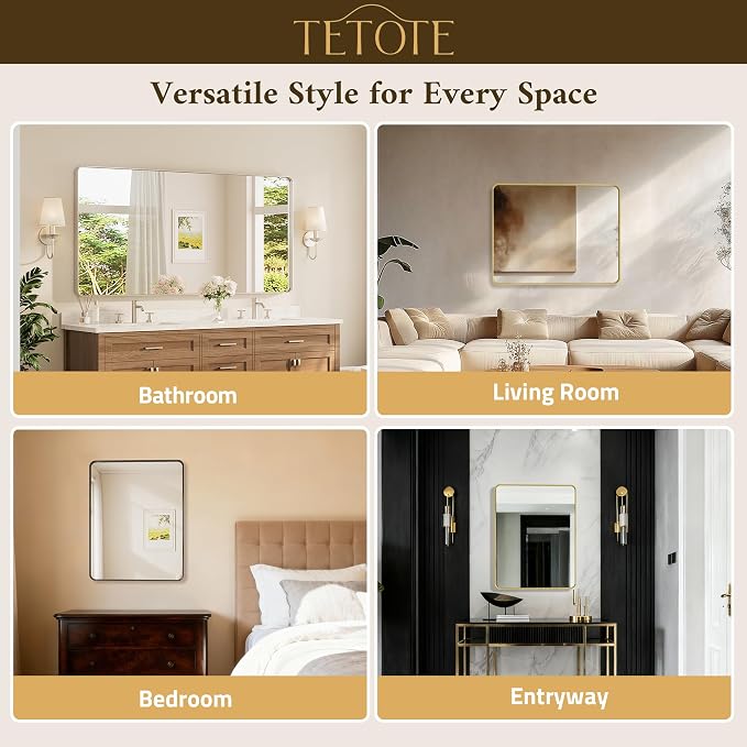 TETOTE 48 x 24 Inch Brushed Gold Frame Mirror, Brass Bathroom Vanity Mirror - Image 6