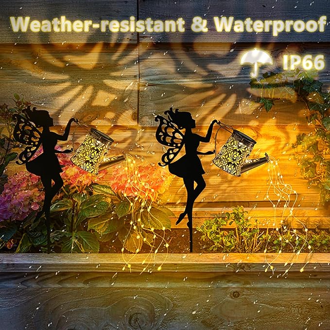2 Pack Outdoor Decor Solar Watering Can with Cascading Lights - 24 Inch Garden Decor for Outside - Metal Outdoor Path Lights - Garden Solar Lights for Lawn Walkway Yard Decor(36 LED String Lights)