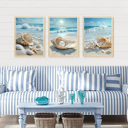 SYWENNOI 3 Piece Wood Framed Beach Wall Art, Sandy Shore, Pearl in Shell - Image 2