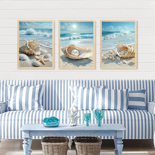 SYWENNOI 3 Piece Wood Framed Beach Wall Art, Sandy Shore, Pearl in Shell - Image 2