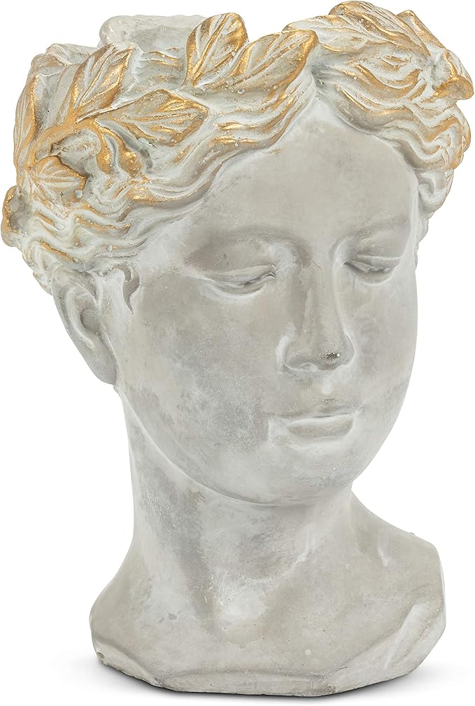 Abbott Collection Aphrodite Head Planter – Medium Indoor and Outdoor Planter Pots - Whimsical Woman Statue Head Planter for Flowers and Succulents (8.5 inch, Grey/Gold)