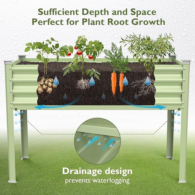 Raised Garden Bed with Legs, 48×24×32in Large Galvanized Elevated Planter Box, Metal Raised Beds for Gardening Backyard Patio Balcony, 400lb Capacity (Olive Green)