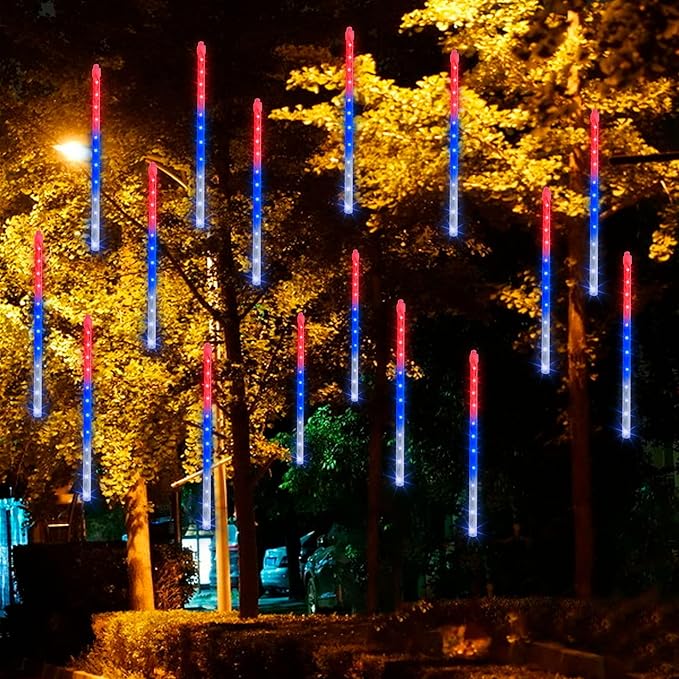 Dazzle Bright 4th of July Lights Decorations, 288LED Red Blue and White Meteor Shower Rain Lights 12Inch 8 Tubes, Waterproof Plug in Falling Rain Light Independence Day for Outdoor Yard