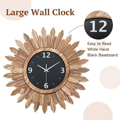 Honiway 16 Inch Wall Clocks, Rustic Wood Boho Sunburst Decorative Wall Clock - Image 6
