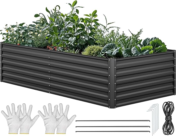 YITAHOME 8x4x2ft Large Raised Garden Bed Kit, Galvanized Metal Planter Box with Gloves, Ground Nails, Support Rod & Safety Rubber, Outdoor Above Ground Planters for Plants Vegetables Flowers, Black