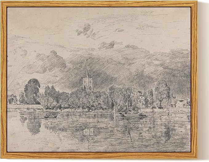 InSimSea Framed Canvas Wall Art, Neutral Sketch Landscape Painting, Rustic by InSimSeaArt