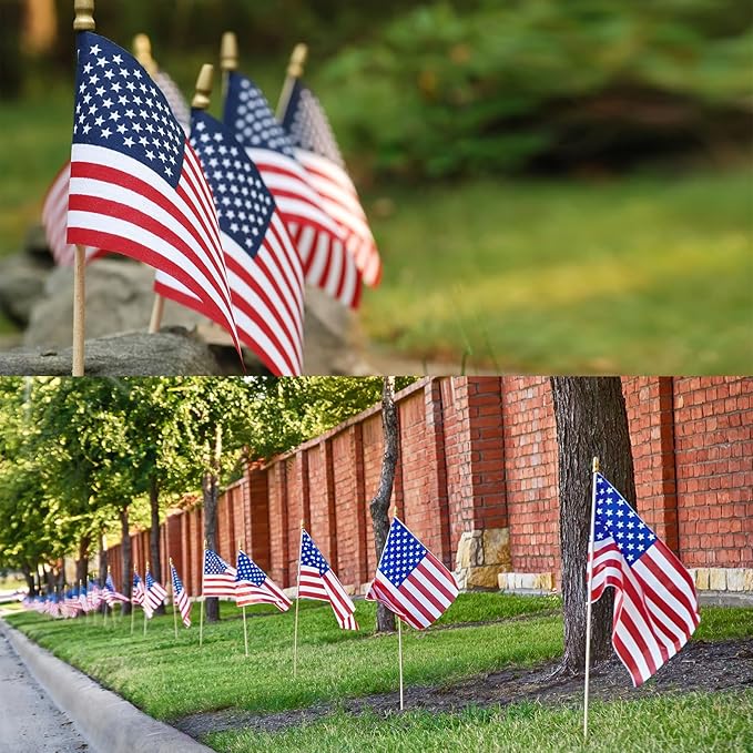 200pcs Small American Flags on Stick, Handheld 8 x 5.5 Inchs Mini American Flags with Kid-Safe Golden Spear Top, US Flags for 4th of July Decorations Outdoor, Independence Day Decorations