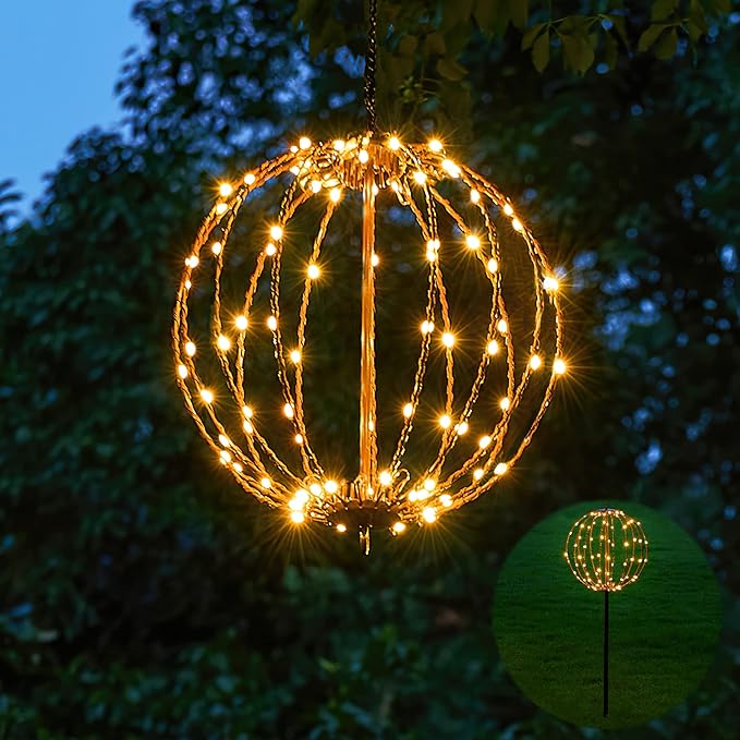 LIGHTSHARE 10IN 48LED Light Ball Yard Decoration Pathway Lights Sphere Light with Fold Flat Metal Frame Indoor Outdoor Waterproof Garden Lights, Brown Frame / Warm White Lights, 10