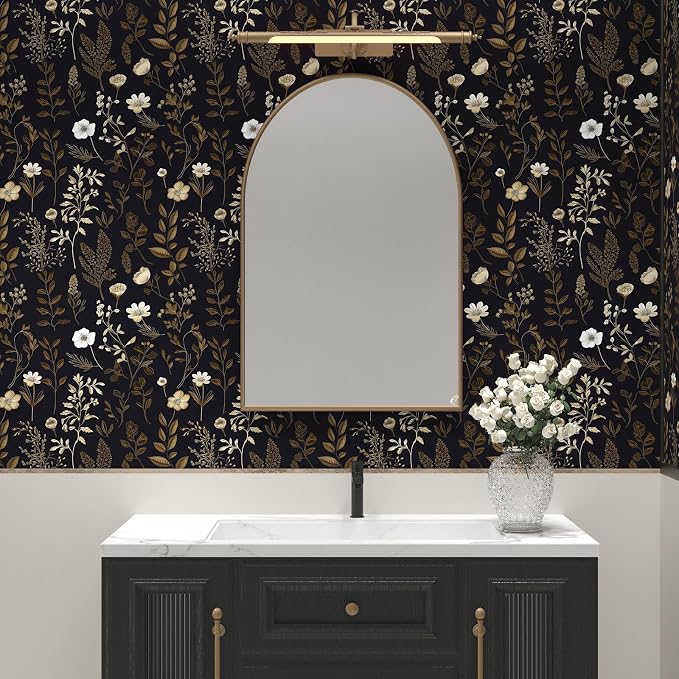 Dark Taupe Floral Peel and Stick Wallpaper, 17.5In x 197In Vintage Black Golden - Image 4