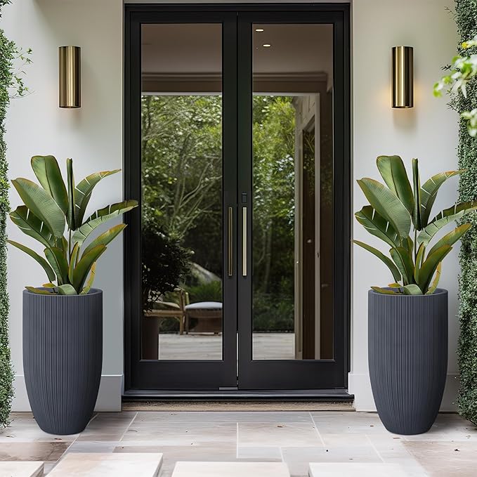 Kante 24 Inch Tall Round Concrete Planter, Large Indoor Outdoor Plant Pots with Drainage Hole and Rubber Plug, Modern Decorative Garden Pots for Home Patio Porch, Textured Charcoal