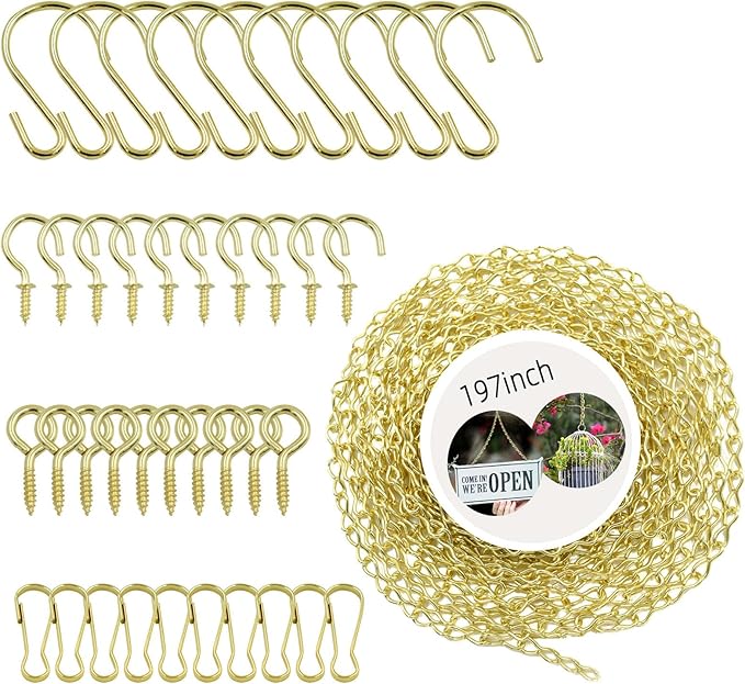 197 Inch Gold Hanging Baskets - Adjustable Length, Brass Decorative Metal Chain with A Great Assortment of Hooks for Hanging Bird Feeders Planters Baskets Billboards Ornaments, Chain Hooks DIY
