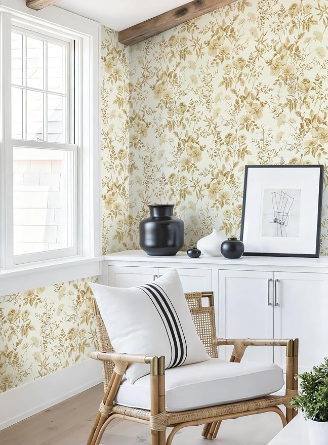 Erfoni 16.9" x118" Boho Floral Peel and Stick Wallpaper Yellow Brown Flower - Image 3