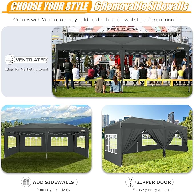 HOTEEL 10x20 Pop up Canopy with 6 Sidewalls, One Push Instant Setup Outdoor Canopy Tent with Reinforce Rod, Weight Bag, for Parties, Events, Gray