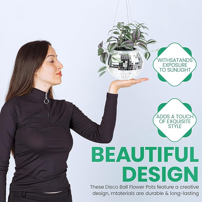 6" Disco Ball Planter – Rotating Mirror Planter with Macrame Hanger & Wooden Stand for Indoor and Outdoor Plants