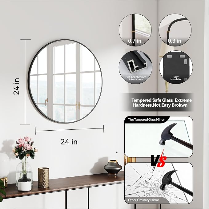 SCWF-GZ 24" Round Mirror Circle Wall Mounted Hanging or Against Wall Aluminum - Image 3