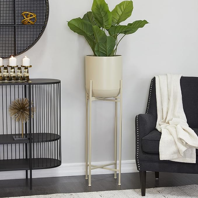 Deco 79 CosmoLiving by Cosmopolitan Metal Round Planter with Removable Stand, 13" x 13" x 42", Beige