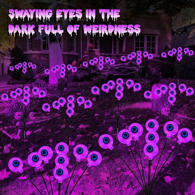 Solar Eyeball Lights Outdoor Waterproof 4 Pack 32 LED Halloween Eyeball Lights 8 Modes Scary Eyeballs Swaying Lights Eyeballs Halloween Decoration for Outside Yard Garden Party Decor (Purple)