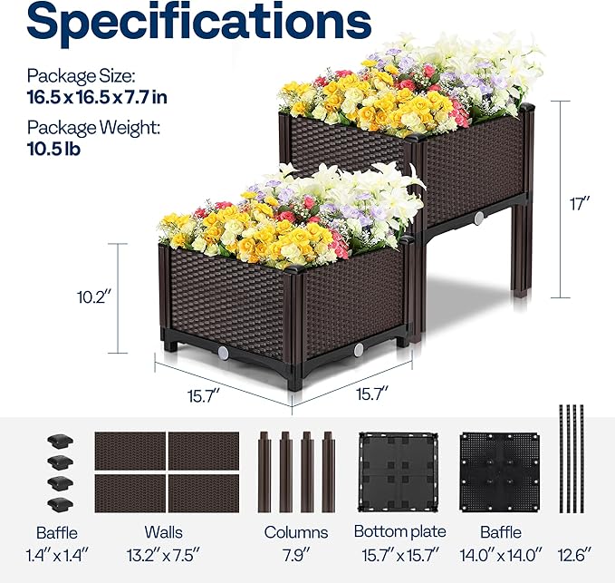 VIVOHOME 2 Packs Elevated Plastic Raised Garden Bed Planter Kit, Outdoor Planters Above Ground Flower Vegetable Standing Planter Box for Patio Deck Porch W/Drainage Holes