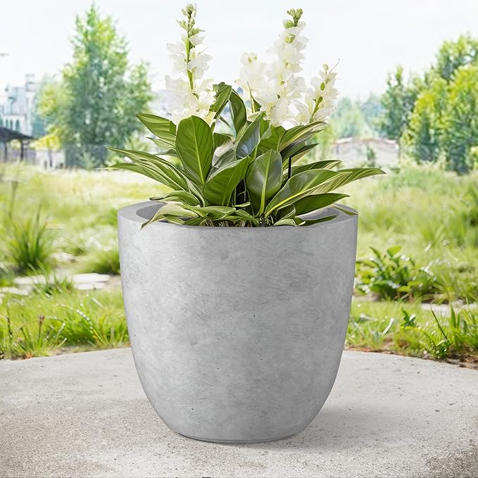 Kante 18 Inch Dia Round Concrete Planter, Indoor Outdoor Large Plant Pot with Drainage Hole and Rubber Plug for Home Patio Garden, Gray Concrete