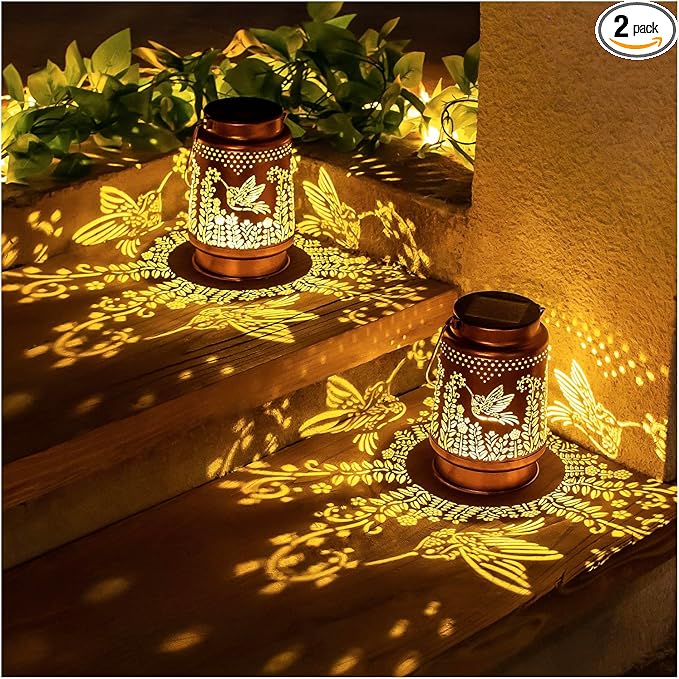 2 Pack Hummingbird Solar Lanterns Outdoor Waterproof Hanging Solar Lights Hummingbird Gifts for Women Men Metal Decorative LED Lights for Garden Decor,Yard,Patio,Lawn,Tabletop,Pathway,Landscape