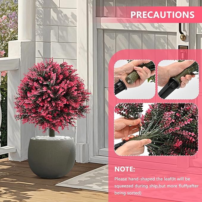 28" Set of 2 Artificial Boxwood Topiary Ball Bush for Outdoor with Ground Spike, UV Resistant Faux Greenery Shrubs, Fake Rose&Green Boxwood Plants for Garden, Yard, Porch, Patio Decor