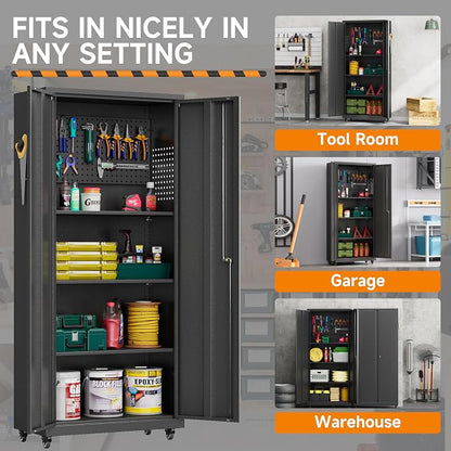 Garage Storage Cabinet with Wheels, Metal Storage Cabinet with 2 Doors and - Image 8